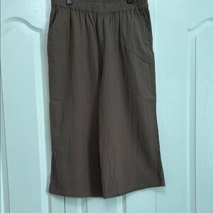 Brown Wide Leg Cropped Pants with Elastic Waistband